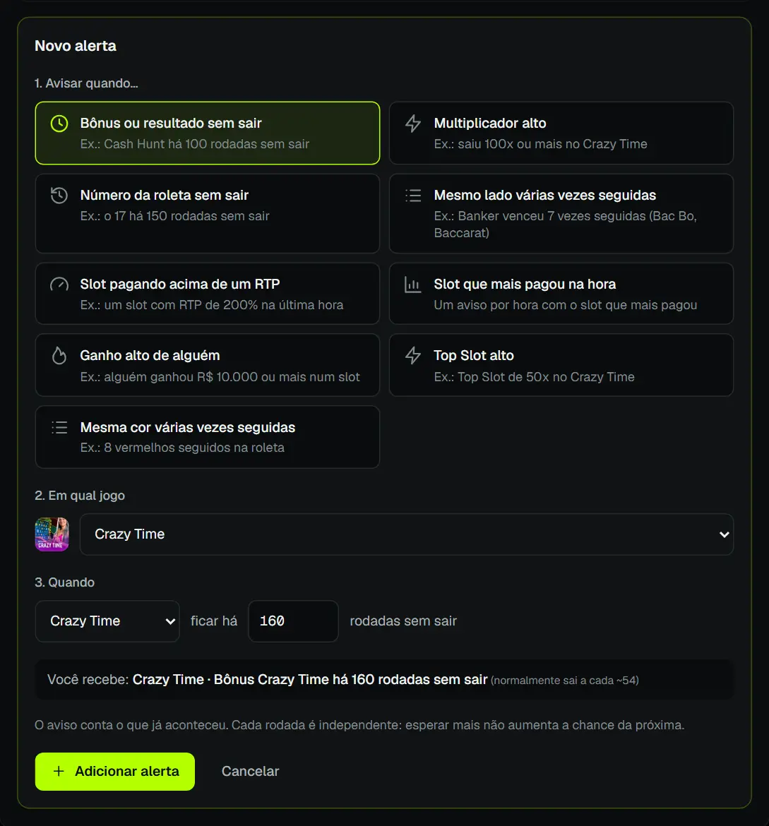 Criando um alerta: o que avisar, em qual jogo e quando.