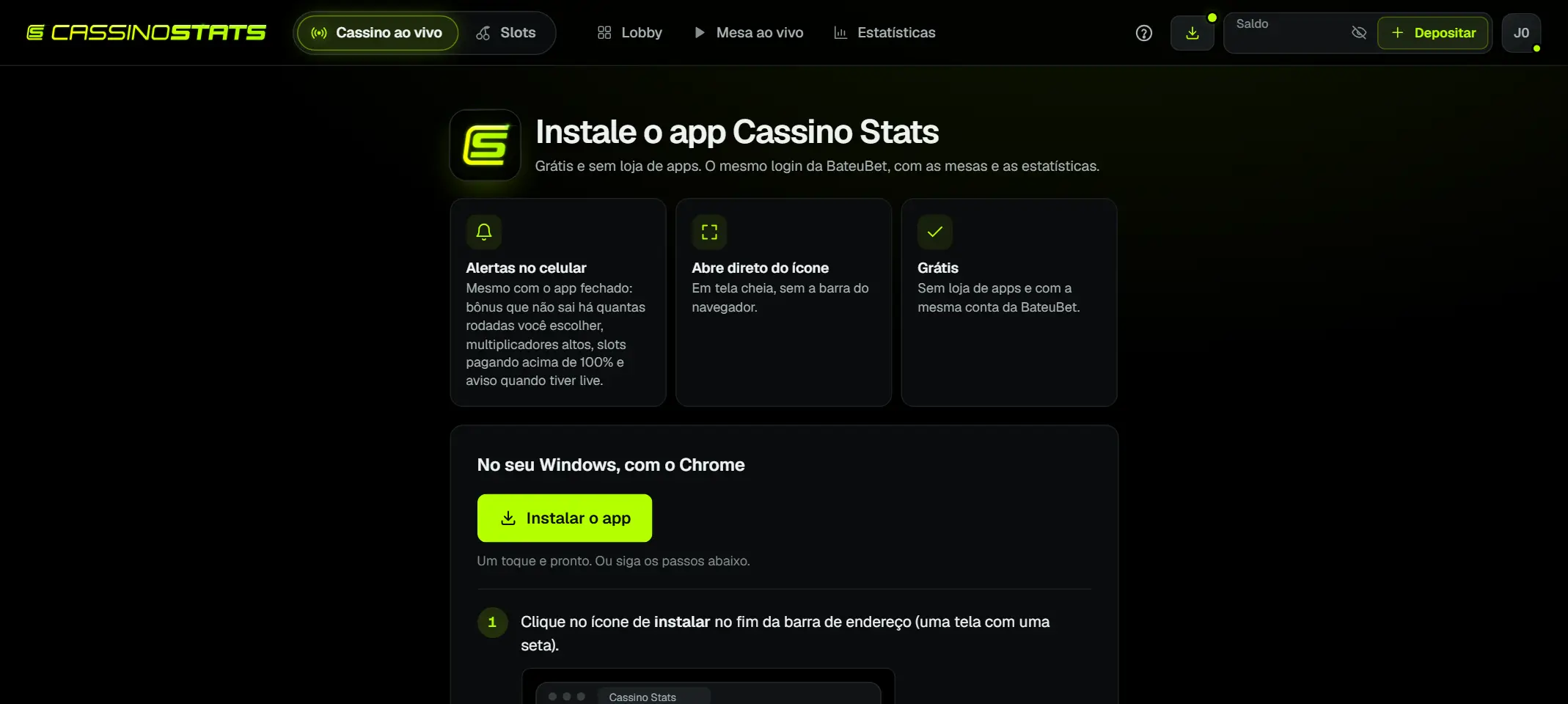 A página Instalar o app, com o botão Instalar app no topo do site.