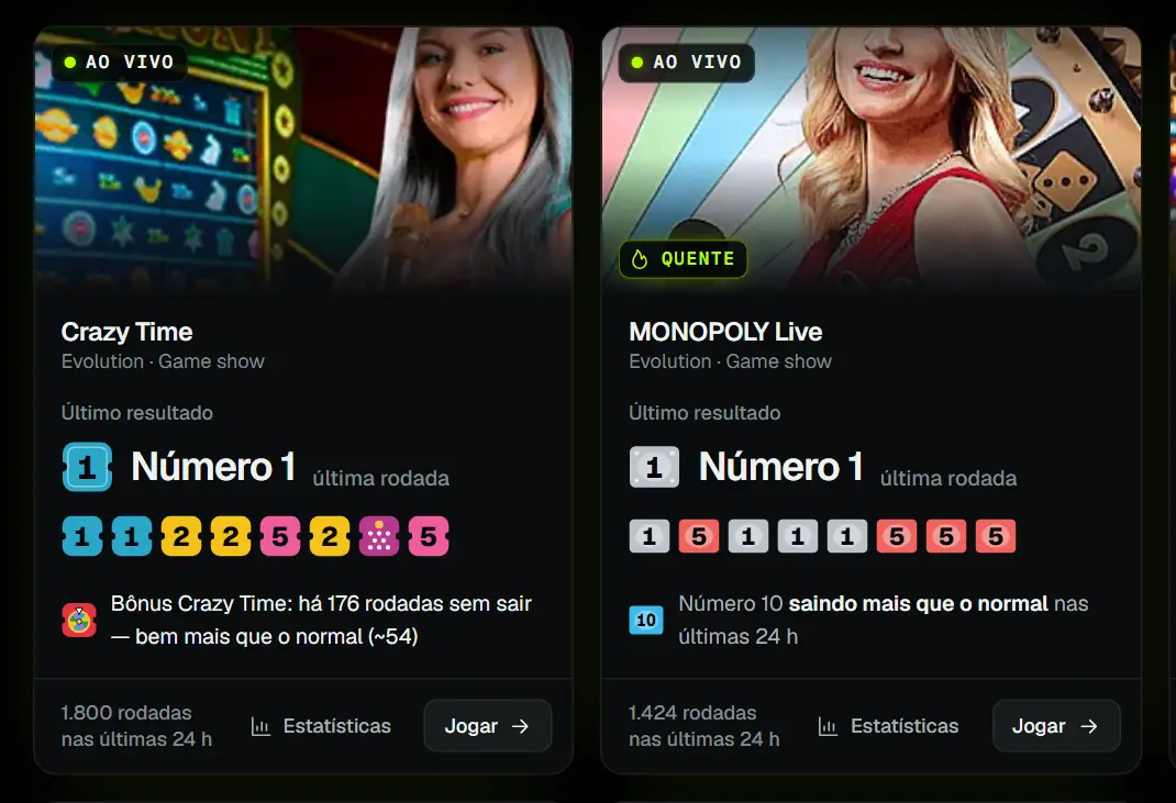 Cartões do lobby com o último resultado, a etiqueta QUENTE e há quantas rodadas algo não sai.